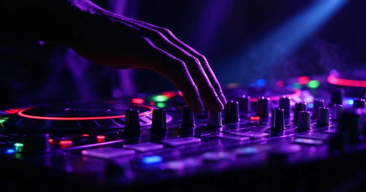 DJ's hand adjusting a mixer under purple stage lights