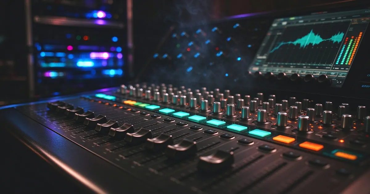 Close-up of a professional audio mixer with faders and glowing buttons