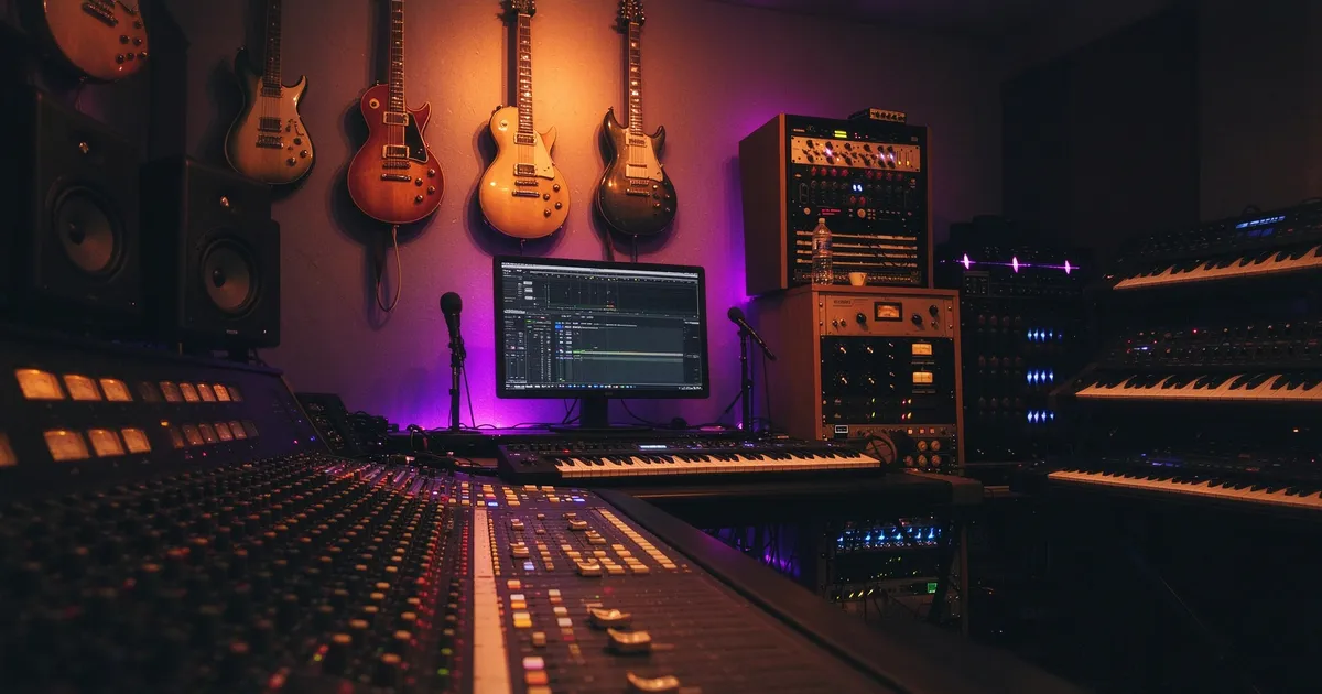 Home music studio with electric guitars on the wall and a mixing console