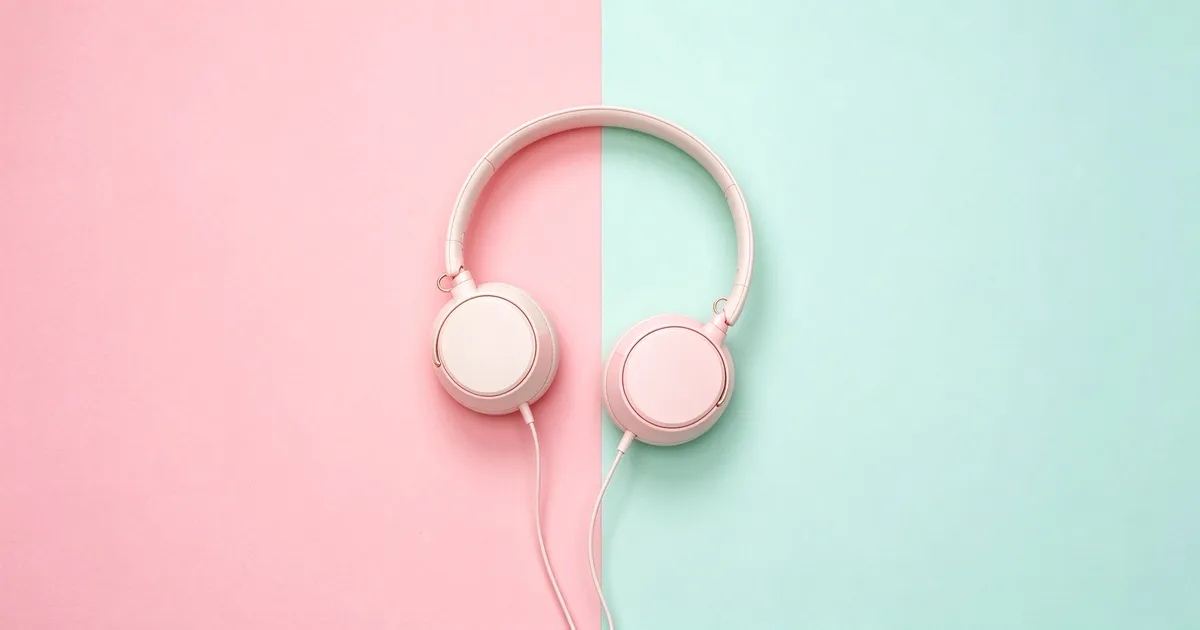 Pink headphones on a pink and mint pastel background