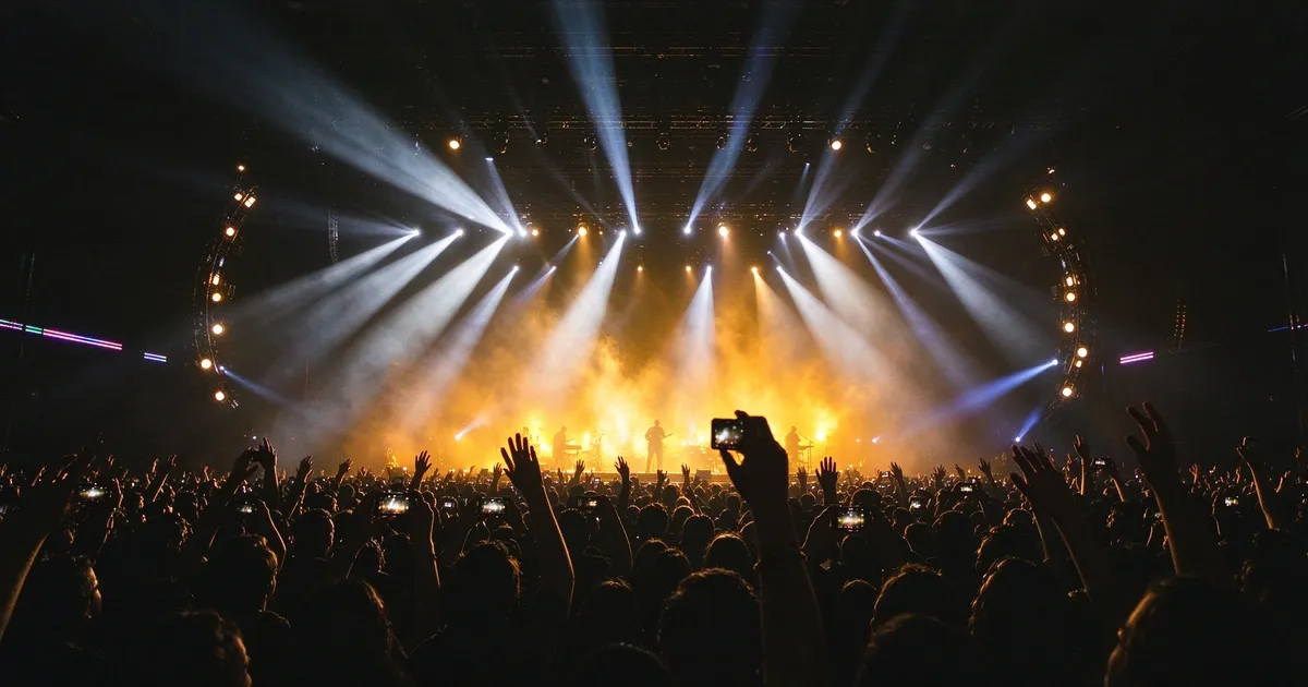 Concert crowd with raised hands under golden stage lights