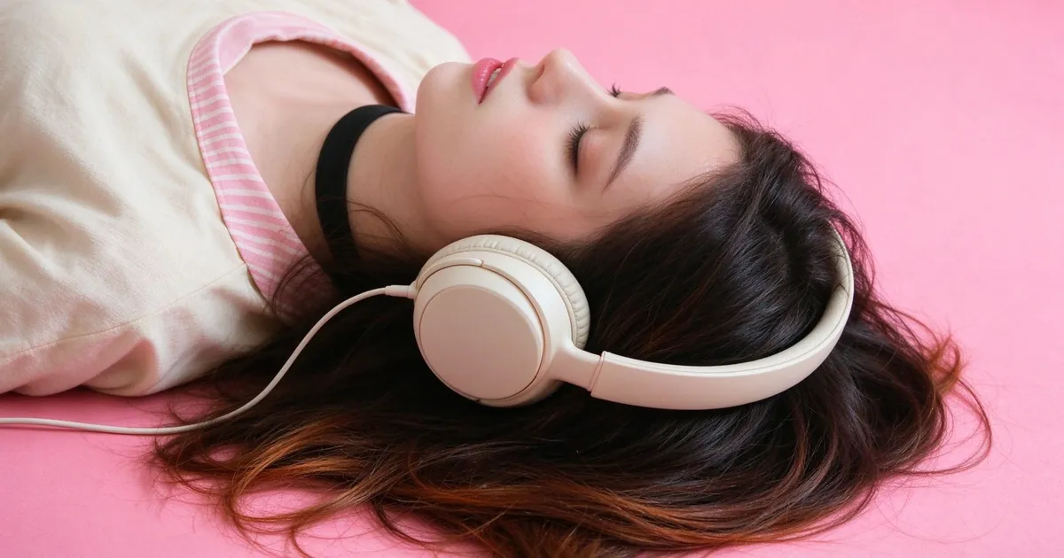Woman listening to music with white headphones on a pink background